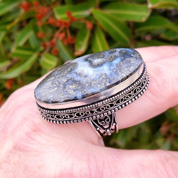 New Huge Pyrite Agate 925 Silver Statement Ring. - Picture 14 of 16